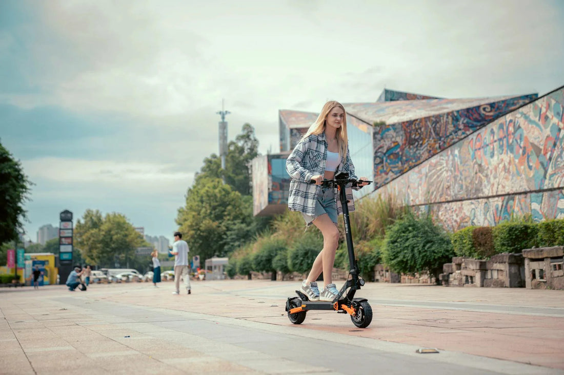 rider using KuKirin electric scooter during morning commute